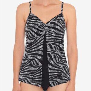 Swim Solutions Twist-Front Flyaway Fauxkini One-Piece Swimsuit Size 14